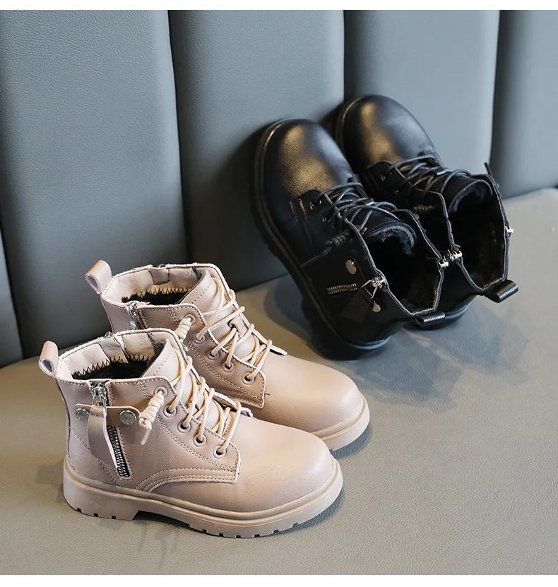 

2021 New Winter Children Martin Short Boots Grls Boys Fashion Boots Kids Leather Shoes Warm Cotton British Wind Boots Size 26-36