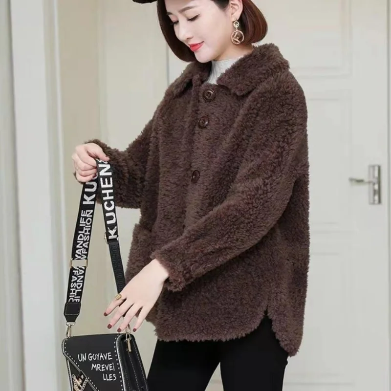 2021 Women Winter New Real Sheep Shearling Coat Lady Casual Long Sleeve Fur Outerwear Female Thick Warm Natural Wool Jacket K315