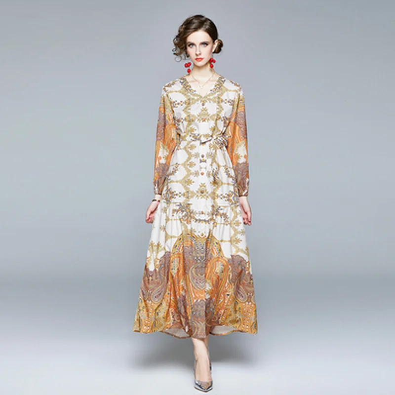 

Runway Design Dress 2020 Autumn Winter Women Long-sleeved V-neck Loose Plus Size Elegant Khaki Print Vintage Dress Maxi Dresses