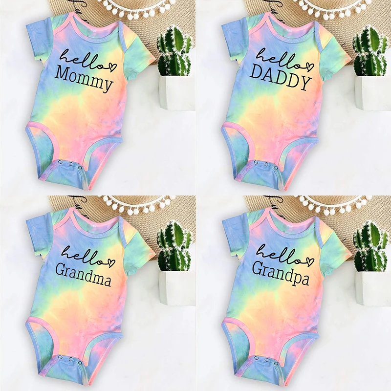 

Hello Daddy/mommy Newborn Baby Rompers Tie-dye Short Sleeve Infant Jumpsuit Summer Travel Vacation Boy Girl Toddler Ropa Clothes