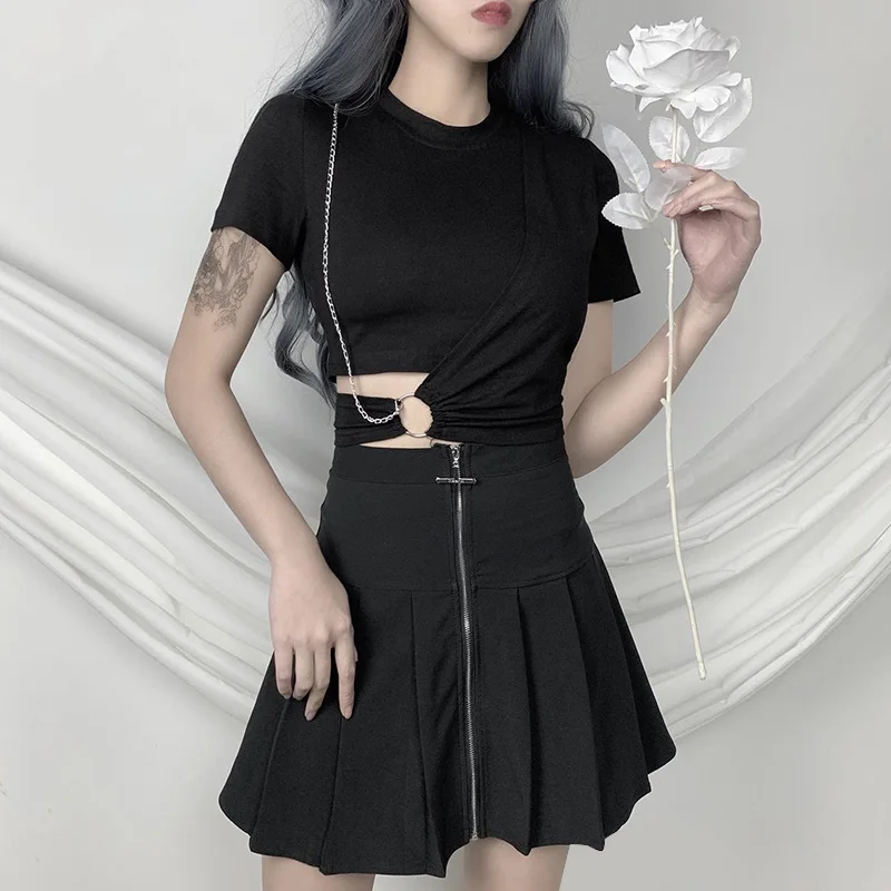 InsDoit уличная одежда Панк футболка готическая Черная хип-поп облегающая ажурная с