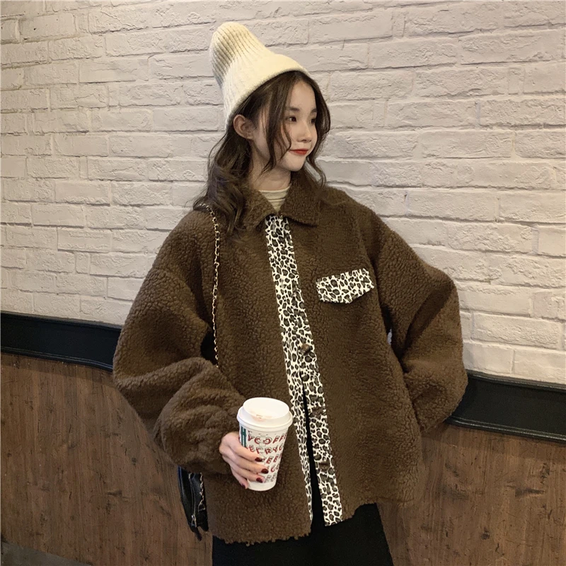 

Женская зимняя куртка на хлопковом наполнителе, универсальная куртка из овечьей шерсти с леопардовым принтом, женская зимняя куртка