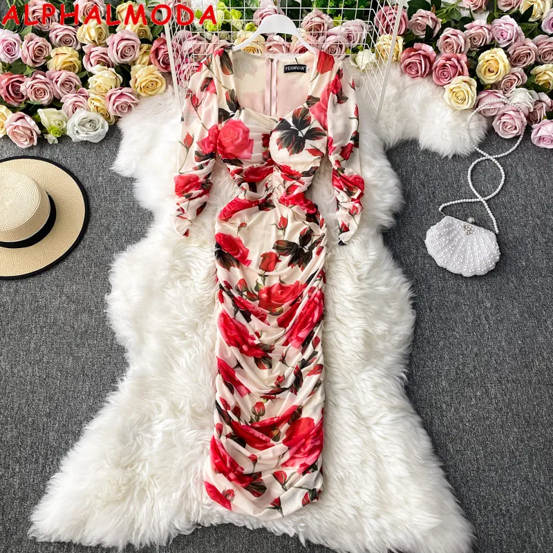 

ALPHALMODA 2021 Square Neck Pleated Fashion Floral Print Slim Long Sleeve Buttock Dress Women Retro Style Straight Step Dress