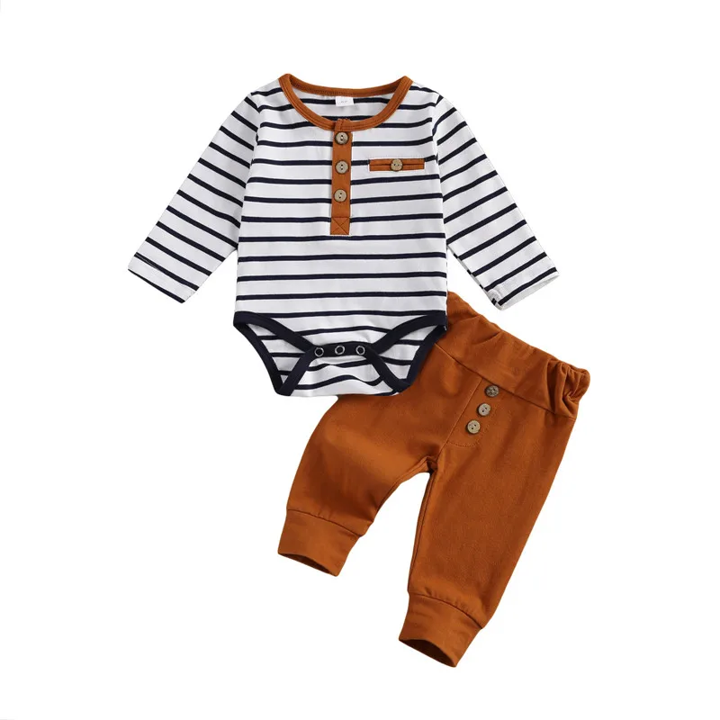 

2Pcs Infant Baby Boy Casual Clothes Sets Long Sleeve Stripe Romper Bodysuit Solid Color Button Trousers Leggings Cotton