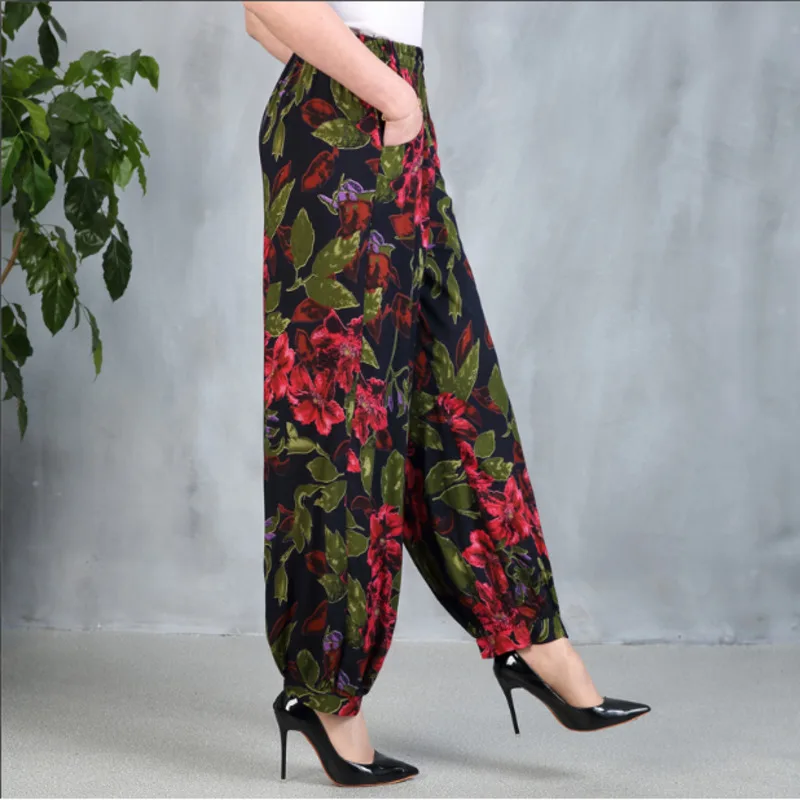 Pantalones de Hip Hop para mujer, Pantalón elástico de cintura alta con estampado de flores, fino, estilo chino, para verano, #0602