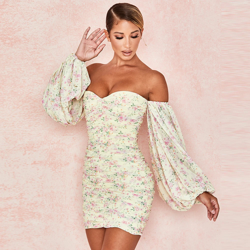 

2020 Women Fashion Autumn Strapless Sexy Long Puff Sleeve Floral Dress Elegant Flower Print off shoulder Mini Dresses Streetwear