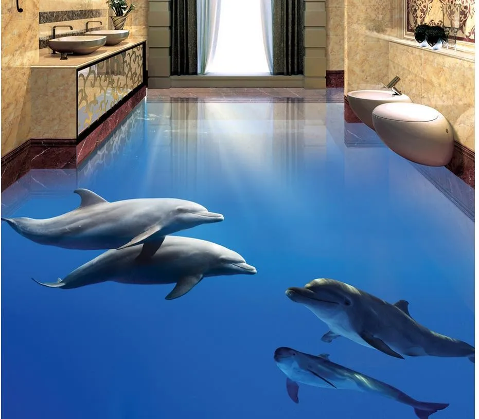

BEIBEHANG Floor custom any size dolphin 3D living room bedroom wear waterproof non-slip home decor bathroom floor painting