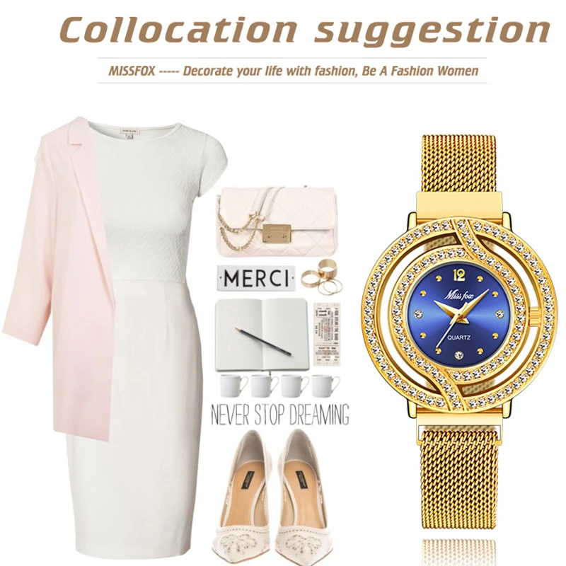 

Missfox magnetic watch female 2021 luxury brand waterproof diamond watch female hollow blue quartz elegant gold ladies watch