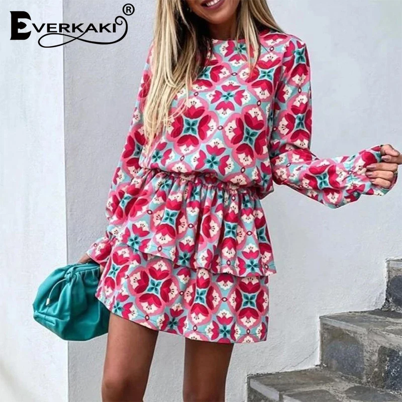 

Everkaki Floral Print Sets Suit Long Sleeve Tops and Ruffles Elastic Skirts 2PCS Sets Suits Boho Outfits Female 2021 Summer New