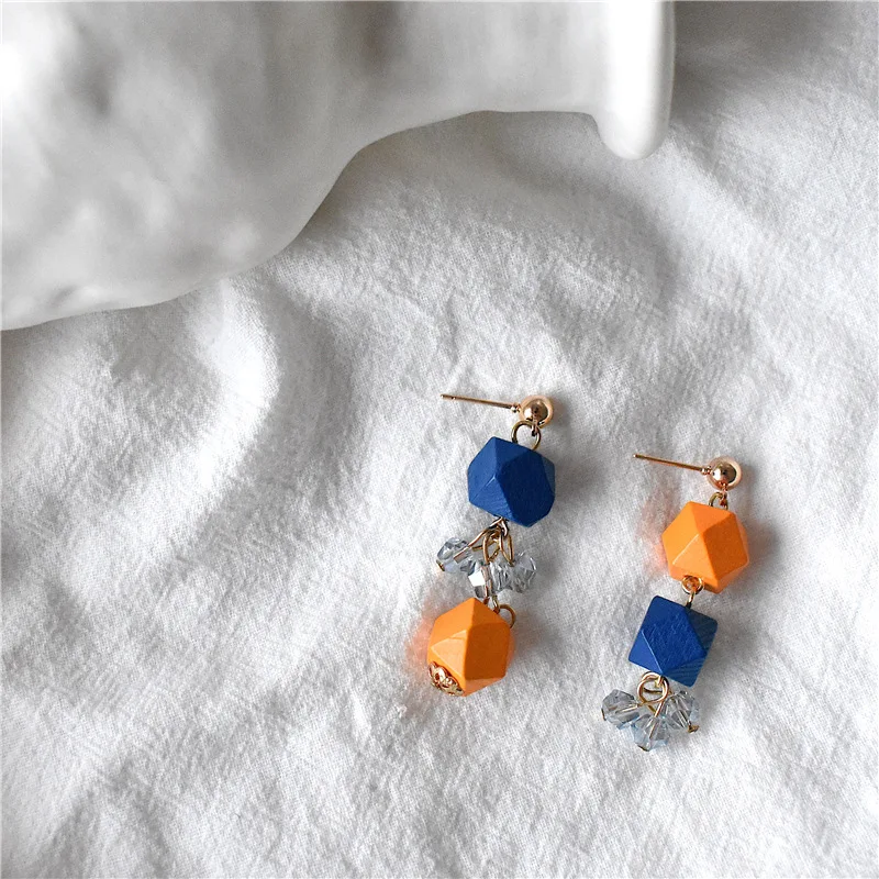 Винтажная Смешанная синяя желтая древесина бусины Серьги Хрустальная подвеска