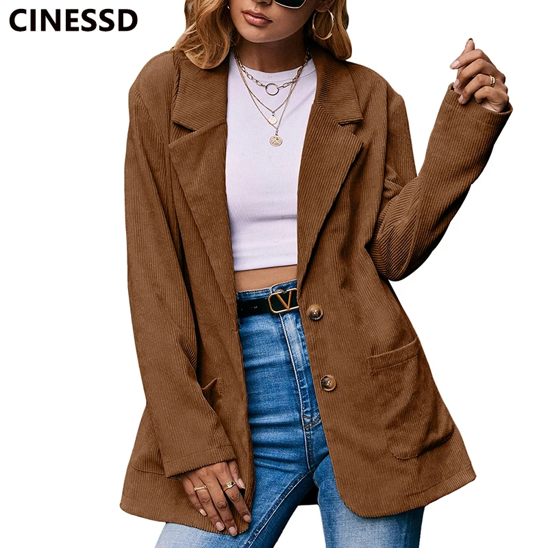 

Пиджак женский вельветовый однобортный с длинными рукавами и пуговицами