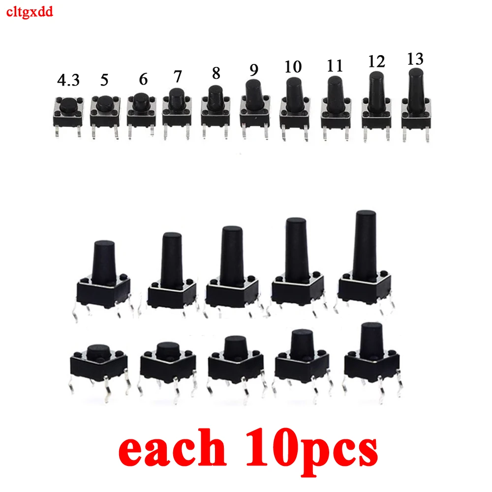 

10Models 6*6 Micro Tact Switch Tactile Push Button Switch Kit Height: 4.3 5 6 7 8 9 10 11 12 13MM DIP 4P 6x6 Key For Arduino