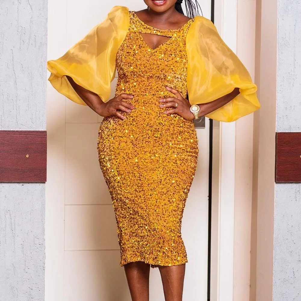 

Sequin Party Dresses Women Luxury Organza Mesh Fashion Puff Sleeve African Female Elegant Formal Midi Dress 2022 For New Year