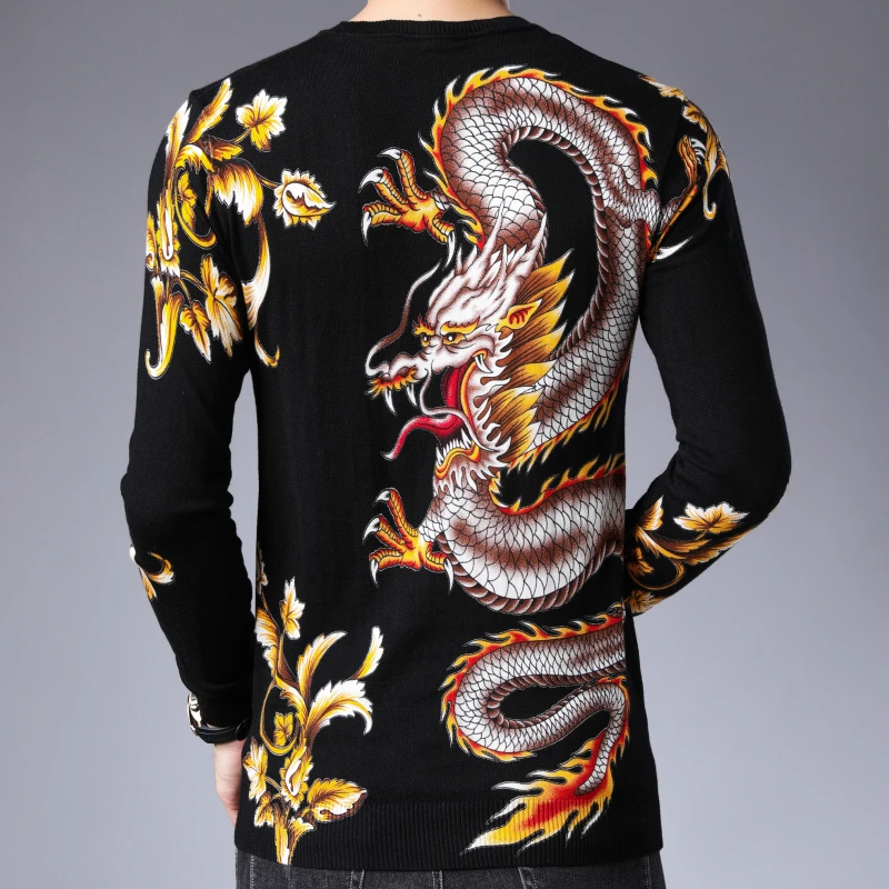 Autumn Sweater Men Jersey Clothing Black Gold Dragon Print Sweater Pullover For Men Casual Club Party Dj Clothing