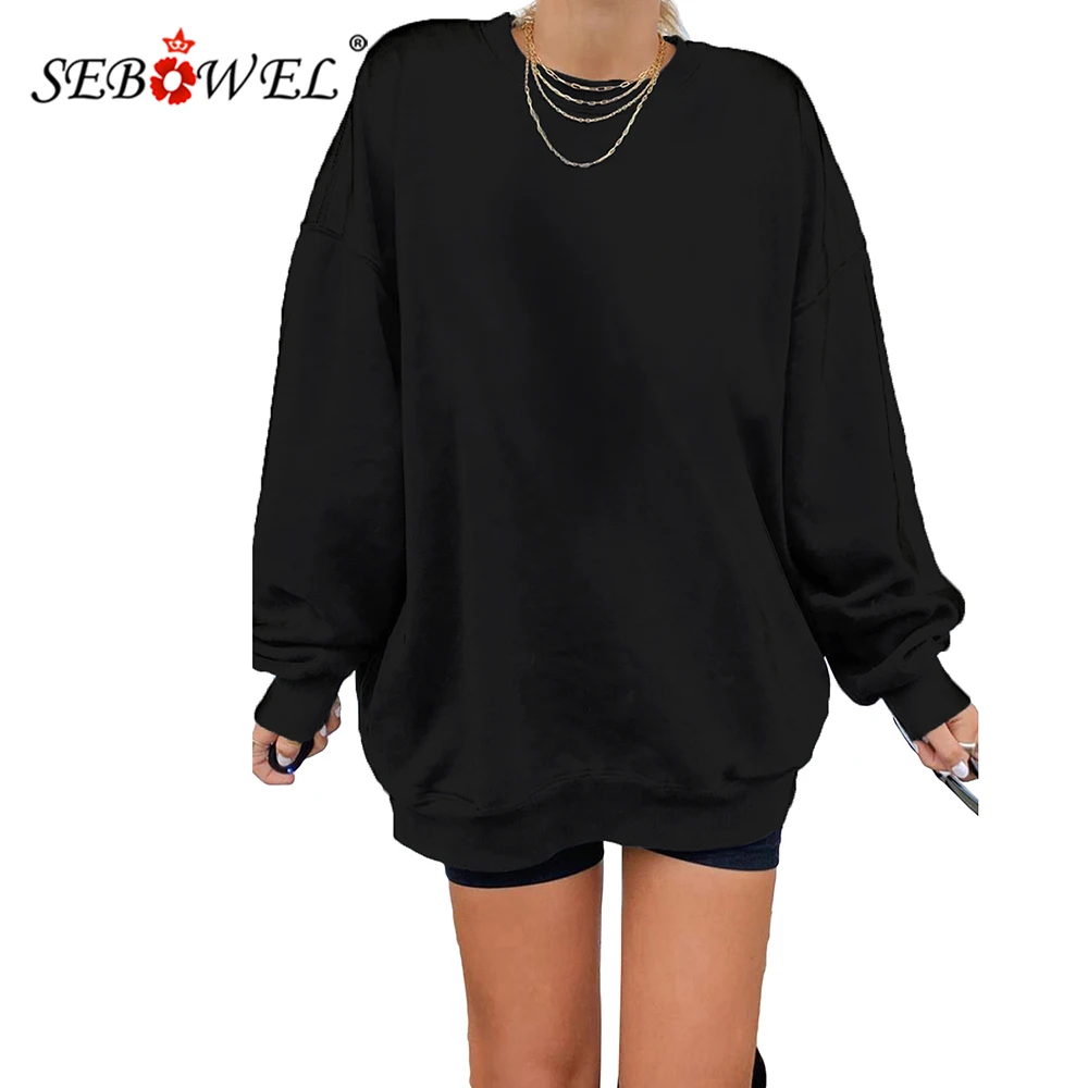 

SEBOWEL 2021 Woman Casual Oversized Solid Drop Shoulder Sweatshirt Female Plus Size Loose Solid Long Sleeve Pullovers Tops XXL