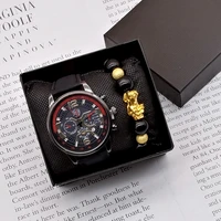 luxury men sport quartz wrist watch fashion calendar watches male business leather watch relogio masculino with beaded bracelet