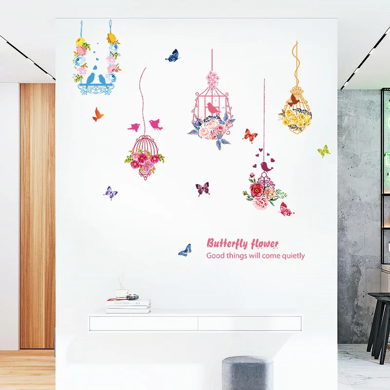 Романтические настенные наклейки цветущей клетки для птиц с яркими бабочками и любовными птицами, изготовленные из ПВХ-винила для украшения дома.