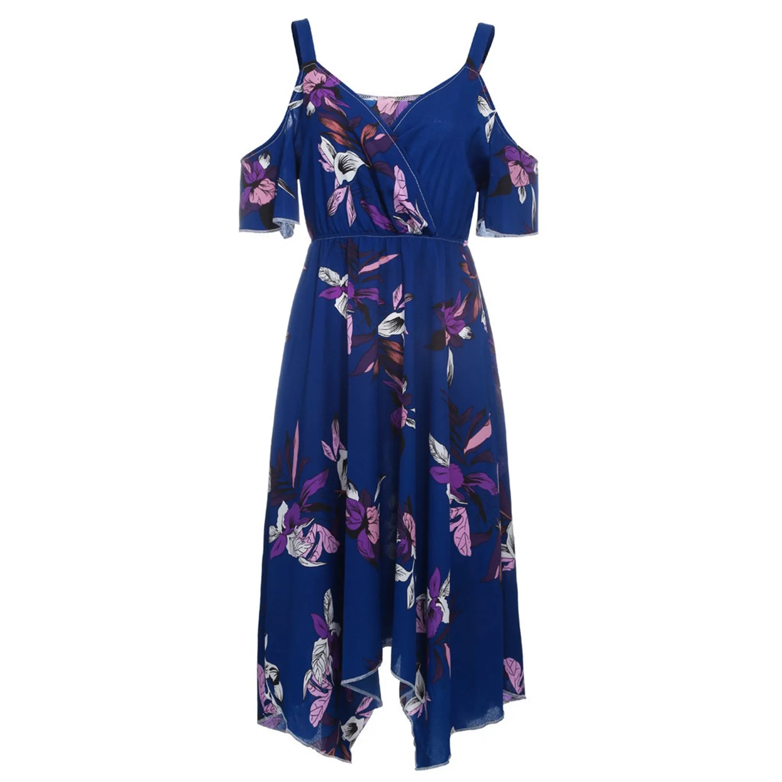 

Plus Size Dresses For Women Summer Fashion Open Shoulder Floral Printed Handkerchief V-Neck Dress Female Casual Party Dress