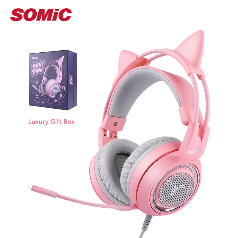 SOMIC G951 розовые кошачьи наушники виртуальной 7,1 с шумоподавлением, игровые наушники, вибрация, светодиодный, USB гарнитура, наушники для девочек, для ПК