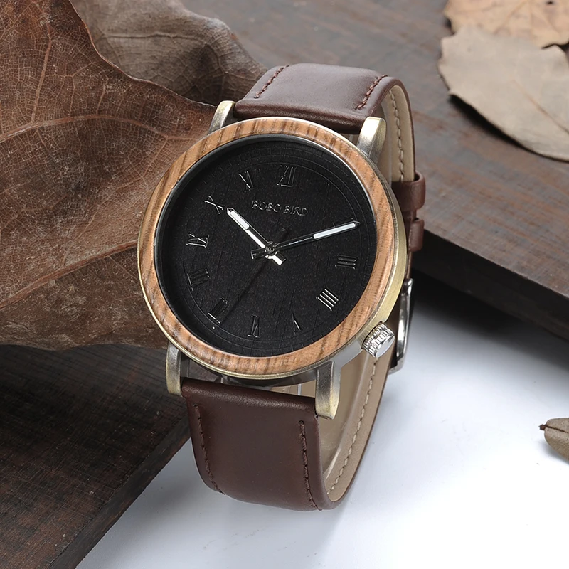 P01-2 BOBOBIRD Wood Watch Promotion Sale Leather Strap Men Women Wristwatches Birthday Present Christmas Gift in Box reloj hombre - Цвет: P01-2
