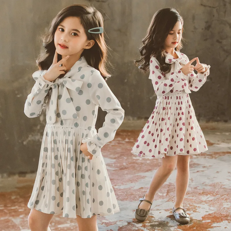 2020 Spring Autumn Kids Clothing Big Girl Boutique Chiffon Dresses Fashion Polka Dot Dress for Girls Age 4 5 6 7 8 9 10 11 12 13 | Детская
