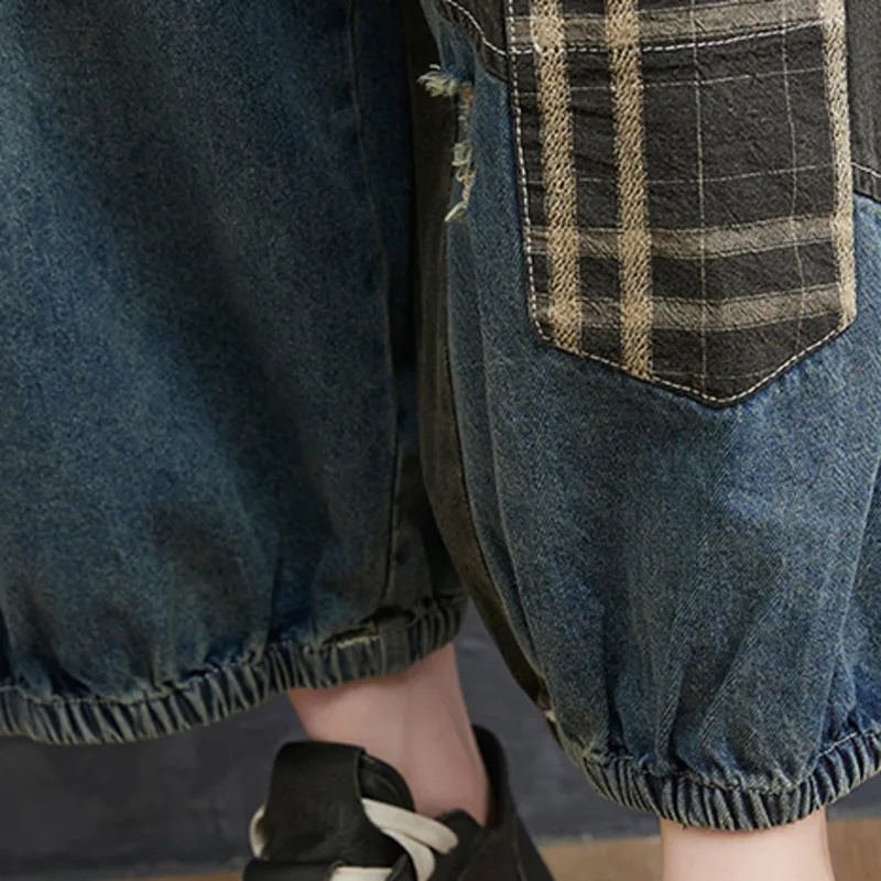 Женский джинсовый комбинезон с большими карманами Свободный Длинный на