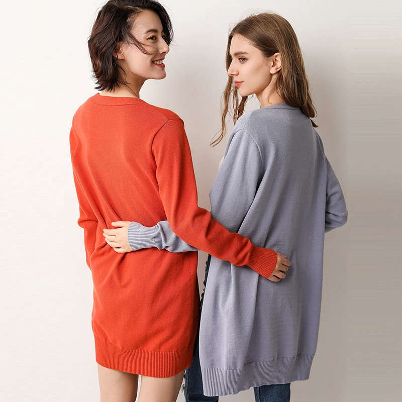 Длинный женский кардиган с V-образным вырезом однотонный Повседневный вязаный