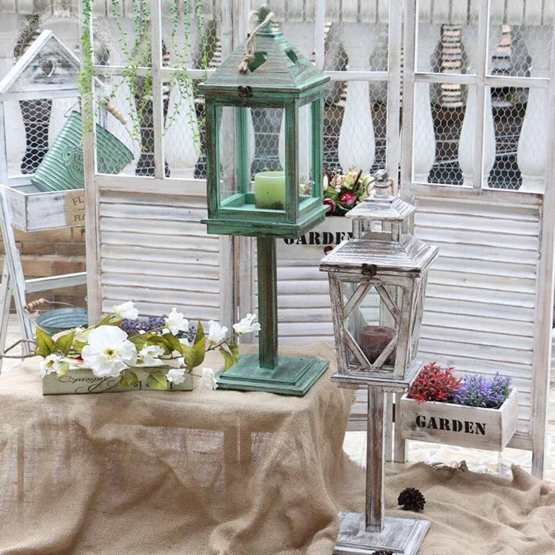 

GY European Retro Distressed Solid Wood Storm Lantern Barn Lantern Windproof Candle Holder Garden Balcony Courtyard Decoration