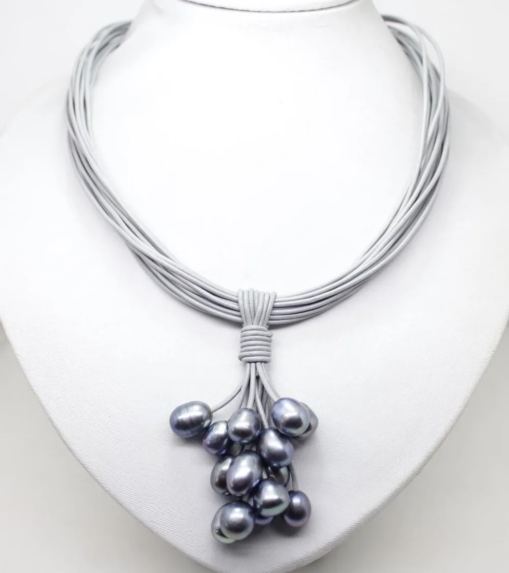 

Ожерелье с подвеской из натурального пресноводного жемчуга 10-12 мм, кожаный шнур, магнитная застежка, модные ювелирные украшения