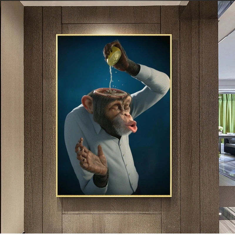 Современные настенные картины с забавной обезьяной холст лимон заливка в голову