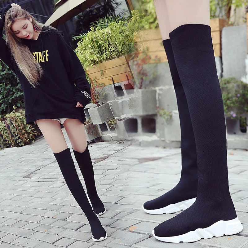 

Autumn Boots Women Sock Shoes Stretch Fabric Shoes Slip-On Over the Knee Boots Women's Pumps Boots for Women 2020