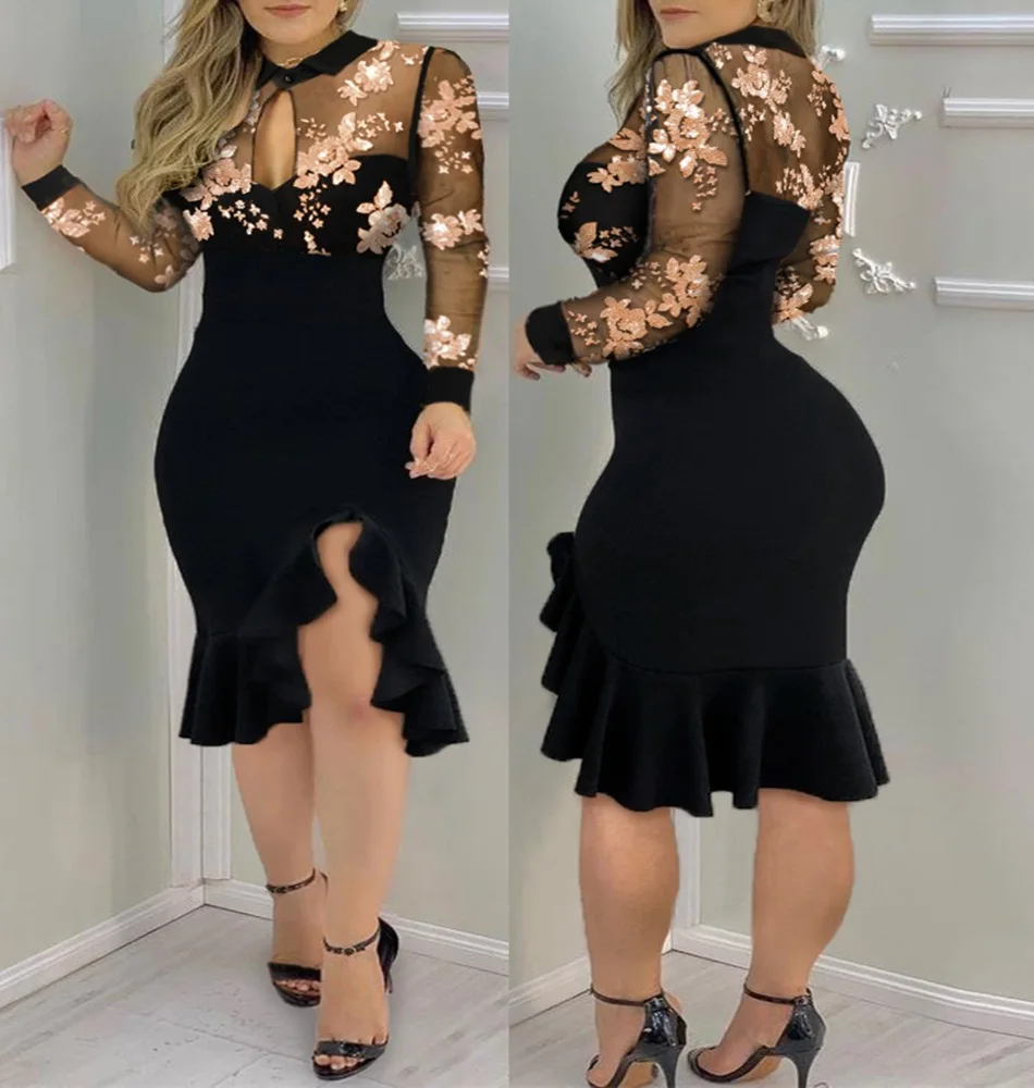 

2021 European and American women's new style mesh embroidery sexy slim irregular hem dress dress