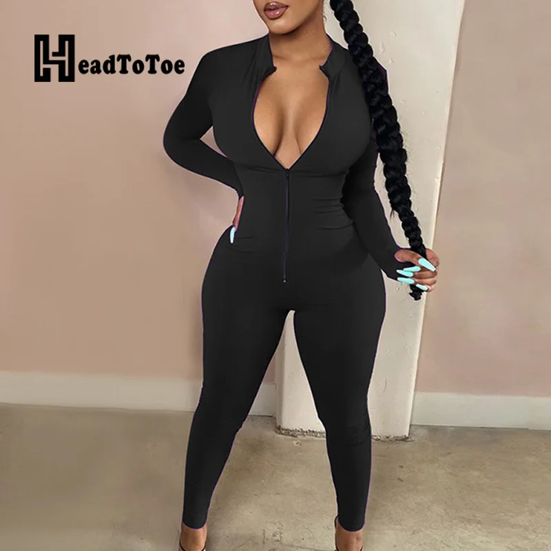 

Solid Zipper V Neck Skinny Jumpsuit Long Sleeve High Waist Sheath Rompers Womens Jumpsuit Casual One Piece Overalls