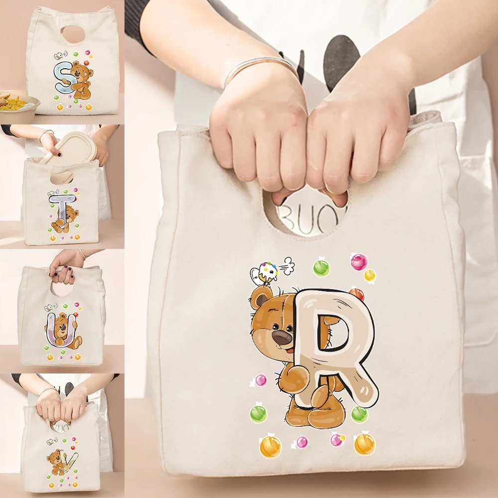 

Thermal Lunch Bag Canvas Tote Bag Storage Meal Bags Women Bag,Harajuku Bear Letter Print Shoulder Eco Storage Shopper Bags