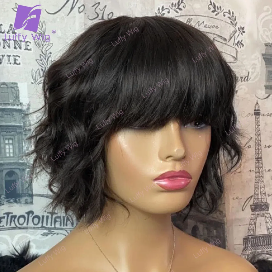 Парики с челкой Luffy для чернокожих женщин натуральные волнистые короткие парики