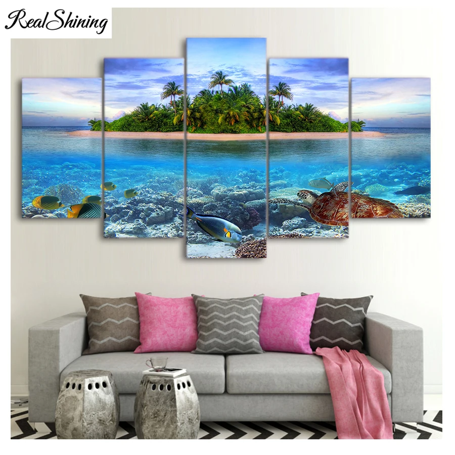 

Marine Life Tropical Island 5d diamond painting full square ROUND Sea Turtle Fish Palm tree mosaic diamond embroidery 5pcs F86