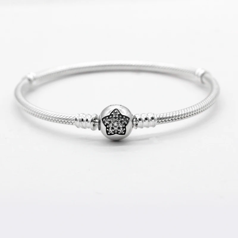 

Real 925 Sterling Silver Moments Sparkling Star Clasp Snake Bracelet with CZ Fit Original Charm DIY Thai Silver 925 Jewelry Gift