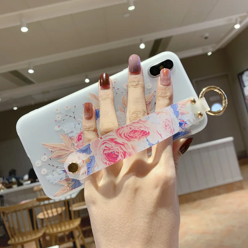 

Luxury Flowers Wrist Strap Cases Cover for iphone 12 11 Pro Max X XR XS Max 6 6s 7 8 Plus SE 2020 Phone Holder Soft TPU Cases