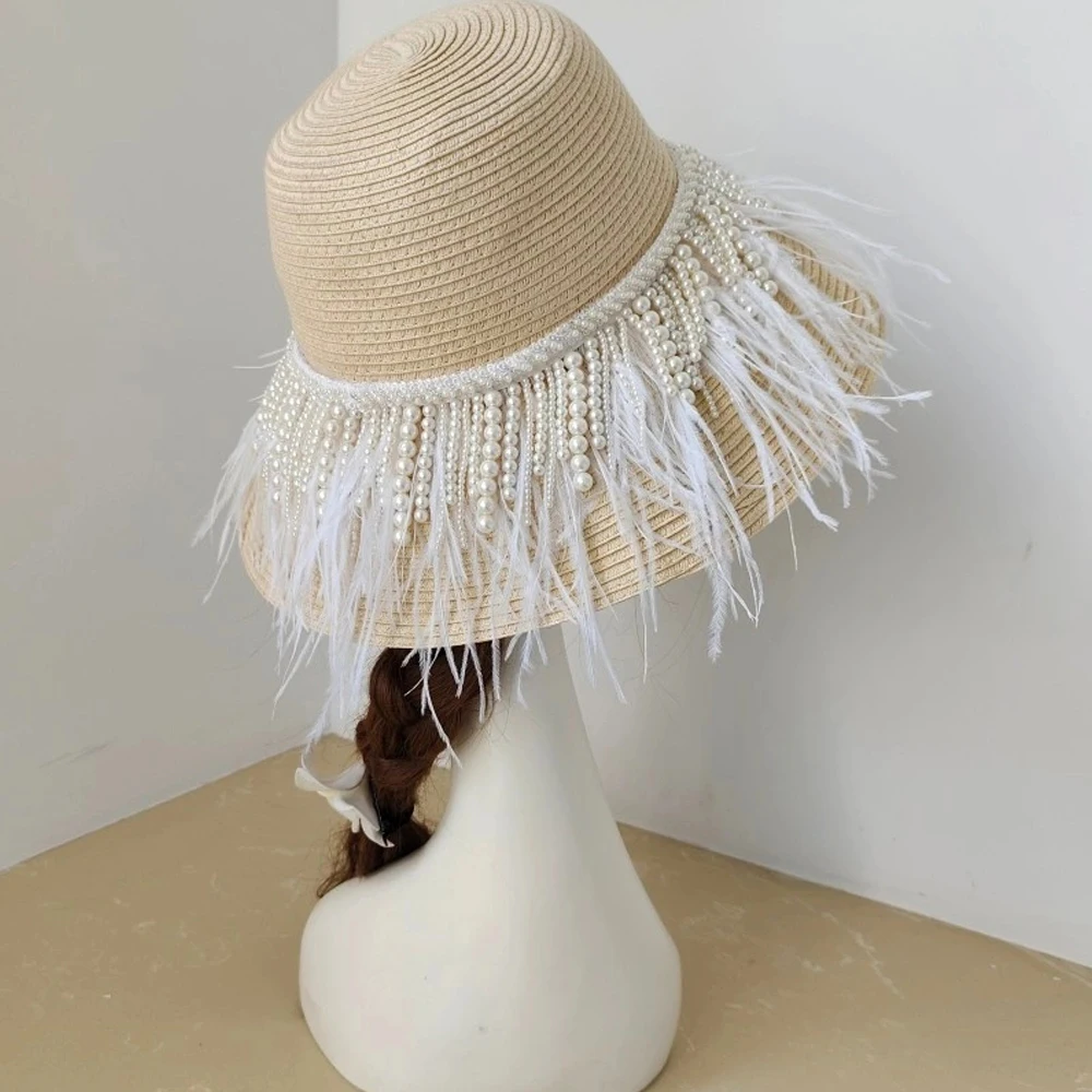 

Handmade Girls Straw Hat Sun Hat Beach Luxury Party Hats Bags Ostrich Feather Pearls Women Summer Hat UV Protect Travel Lady Cap