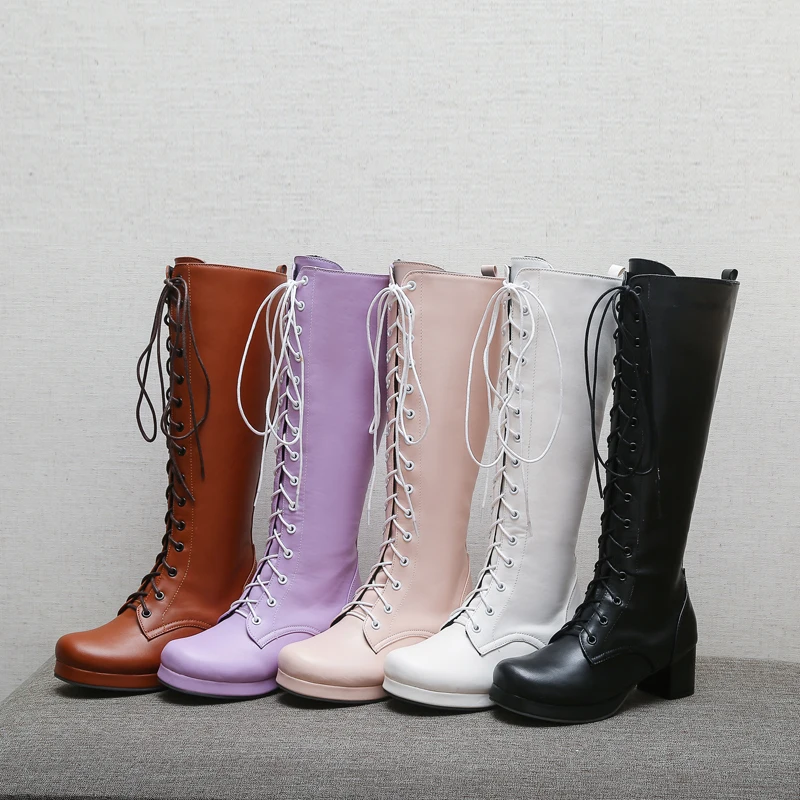 

2021 New PU Leather Winter Women Knee High Boots Thick Heel Zipper Women Long Boots Fashion Candy Colors Ladies Party Boots