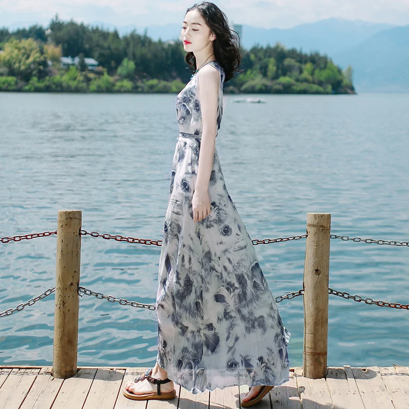 

JCHB 2021 Beach Dress Women Summer Elegant Maxi Dresses Floral Korean Fashion Dress Female Sleeveless Vestido De Mujer Pph4258