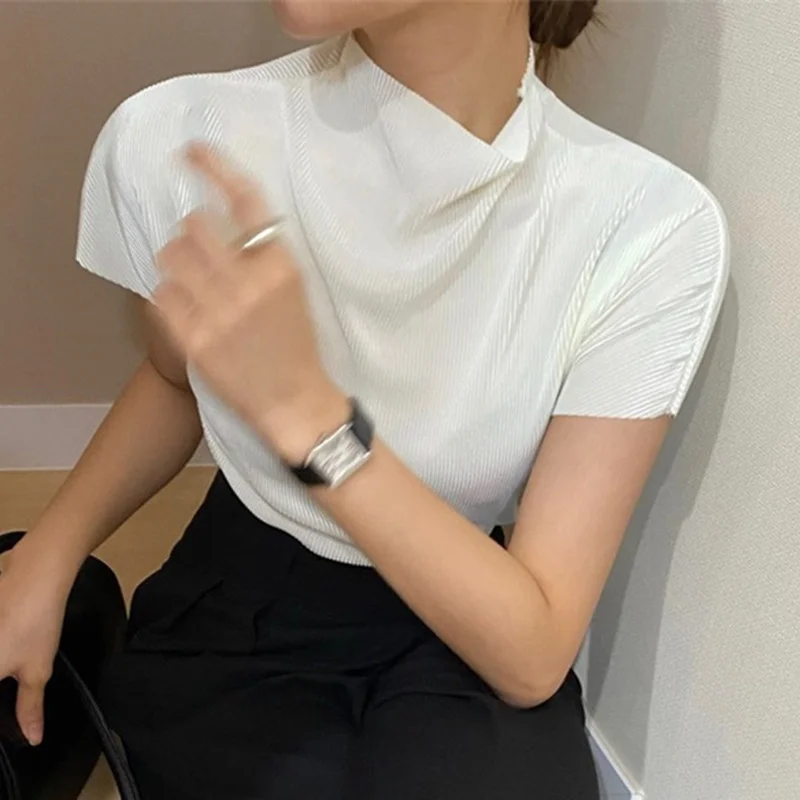 

Solid Simple Summer Half High Collar Pleated Design Loose Short-sleeved Shirt Womens Tops X491