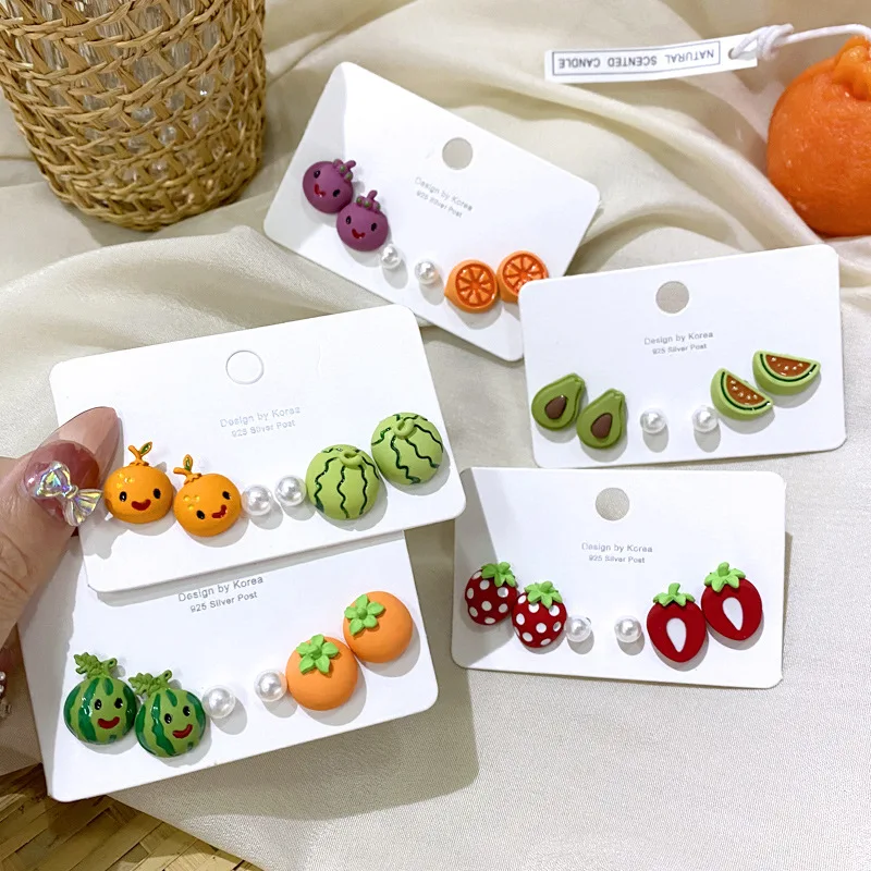 

3pcs/set Summer Fruits Stud Earrings Watermelon Kiwi Fruit Series Cute Sweet Simple Compact Exquisite Earrings Gift For Friends