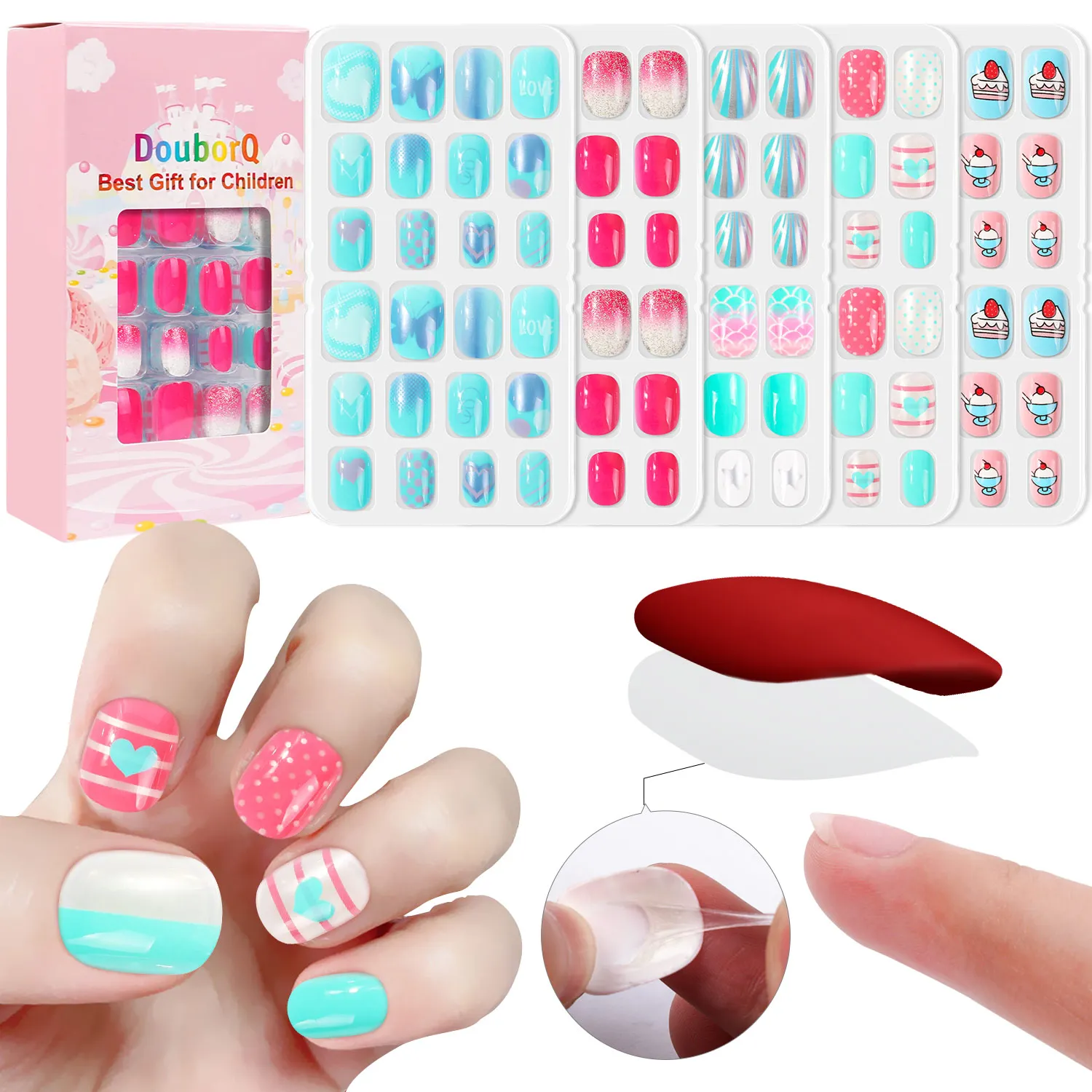 

120pcs/lot Colorful Children Fake Nails Tips Cute Heart Short Artificial DIY Love Gift for Girl Kids Art Decorate