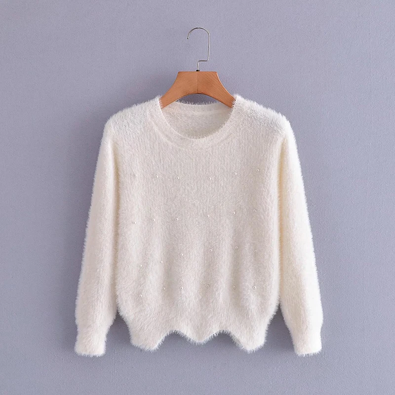 

Женский мохеровый пуловер с круглым вырезом, длинным рукавом и жемчугом