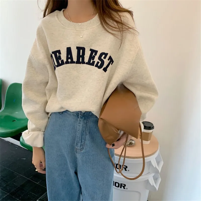 Oversized Hoodie Aesthetic Round Neck Plus Size Sweetshirts Casual Clothes for Women Full Sleeve Ladies Elegant Loose Sweatshirt