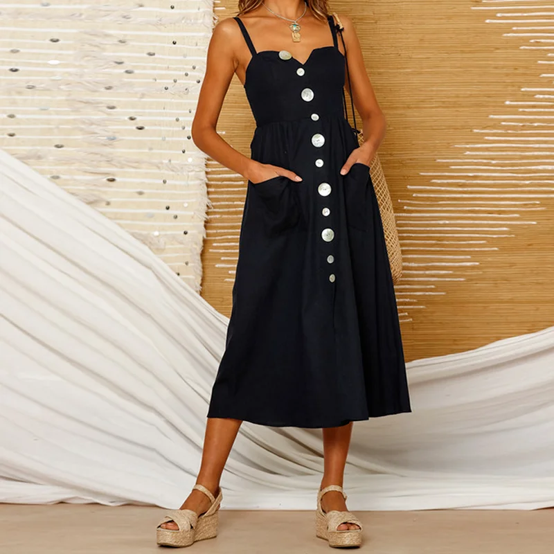 

Женский сарафан на бретелях-спагетти, черное повседневное пляжное платье-миди с открытыми плечами и V-образным вырезом в богемном стиле на л...