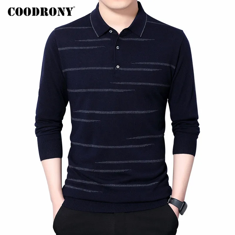 

COODRONY брендовый свитер для мужчин, весна-осень, мягкий шерстяной пуловер, мужская полосатая рубашка трикотажная Повседневная рубашка с отло...