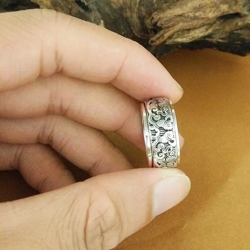 BOCAI Новое 100% твердое серебро S925 мужское кольцо рыбы персик вращающееся на удачу