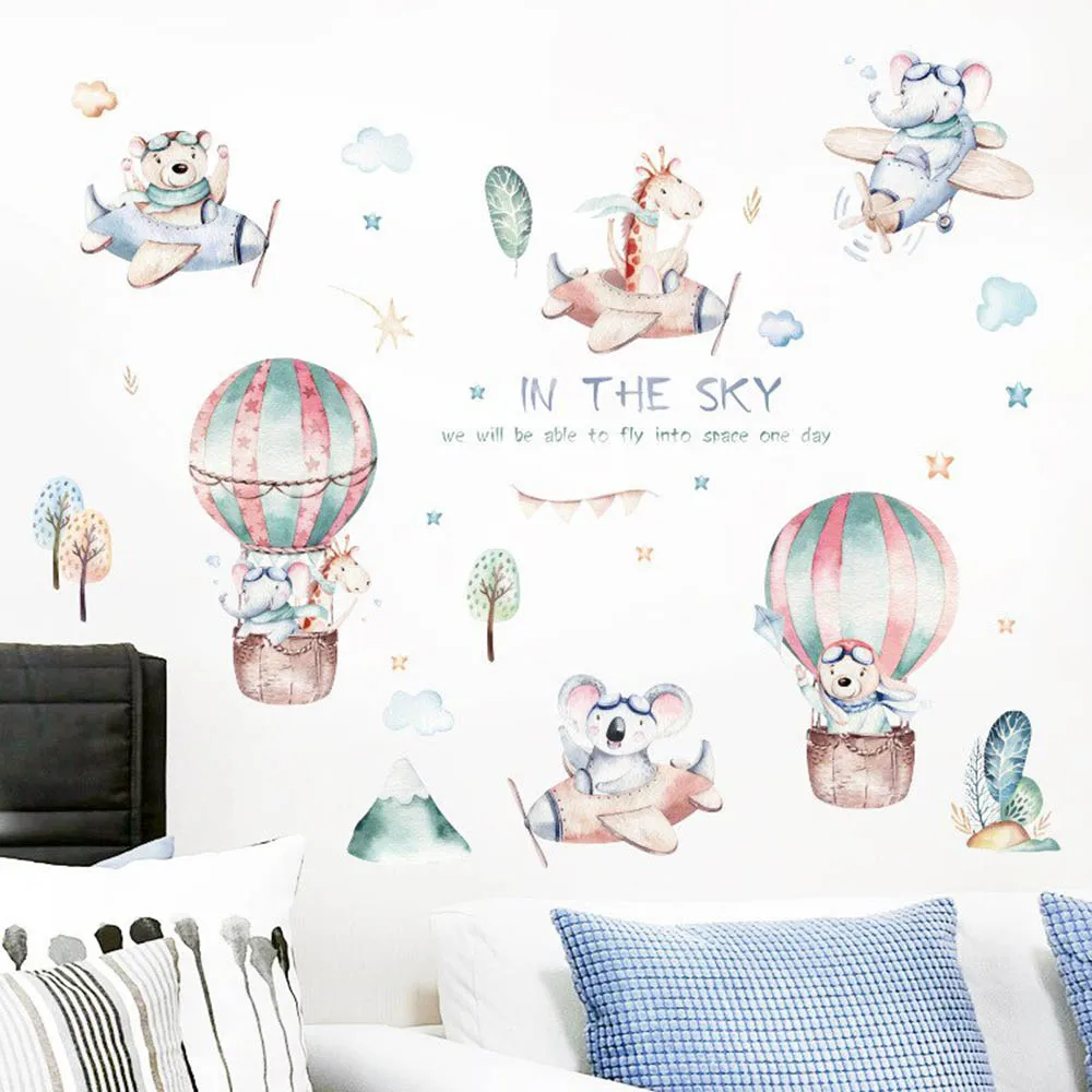 

Fly In The Sky Cute Animals Wall Stickers for Kids Room Nursery Decor Hot Air Balloon Wall Decals Art Murals Home Decor